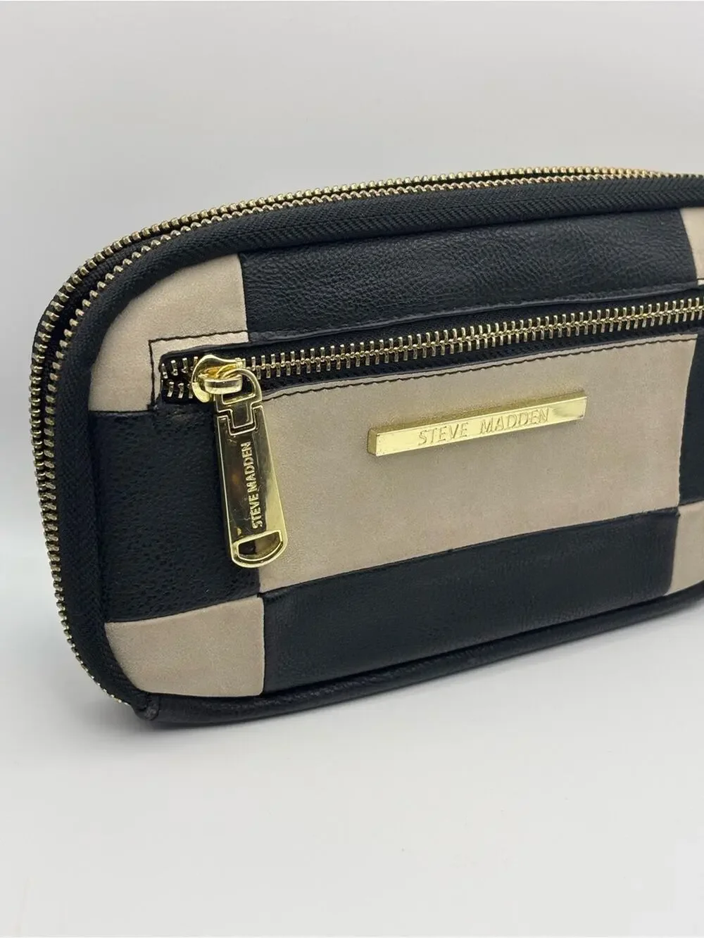 Steve Madden Wallet Wristlet, Black and Gray Checkered with Gold-Tone Hardware